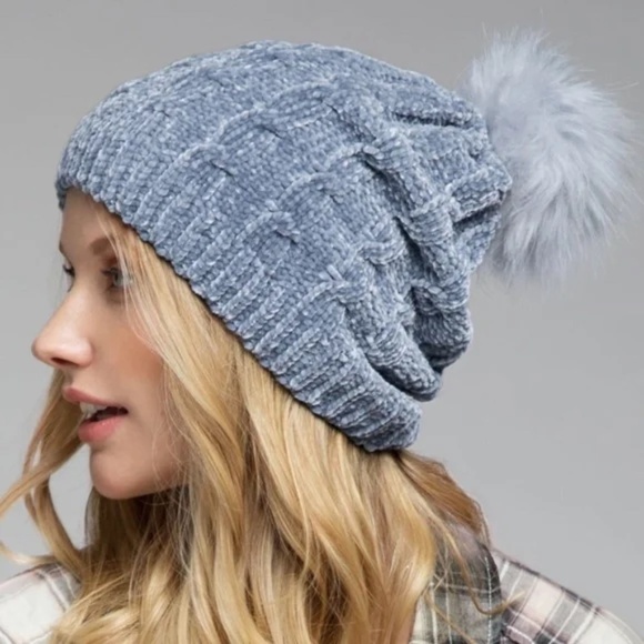 Denim Chenille Cable Knit Faux Fur Pompom Beanie - Picture 1 of 3